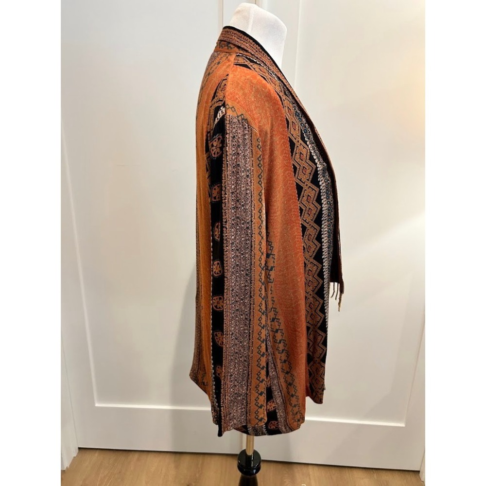 Vintage Earthy Geometric Pattern‎ Beaded Fringe Open Front Top M Boho Earthy - Picture 6 of 9